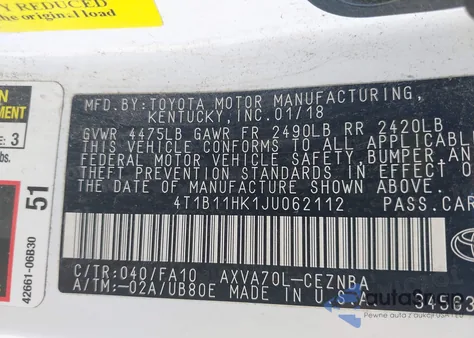 2018 Toyota Camry L/Le/Se/Xle from USA, damaged, VIN 4T1B11HK1JU062112